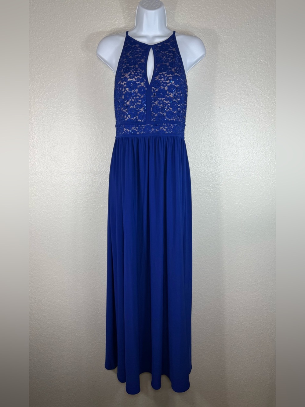 Blue Lace Keyhole Halter Dress with Jersey Skirt Glitter Nude Zipper Size 10P
